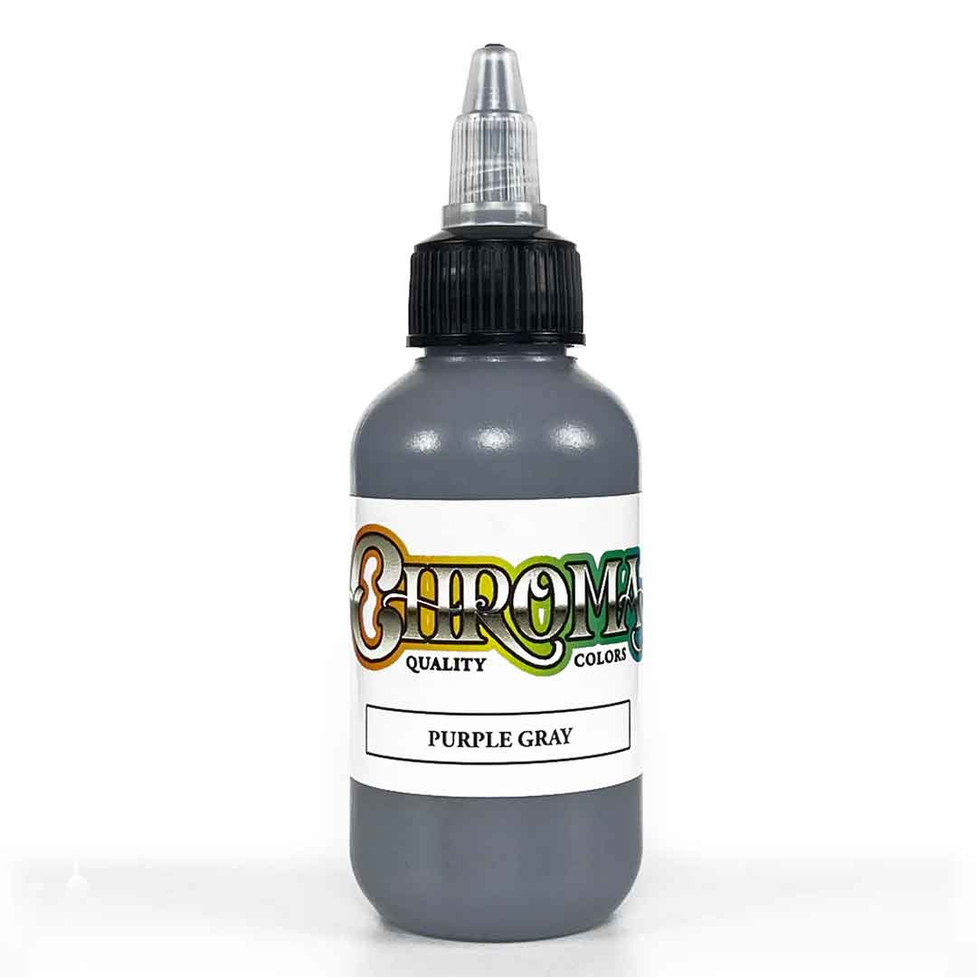 Bottle of Chroma Quality Colors purple gray tattoo ink on a white background