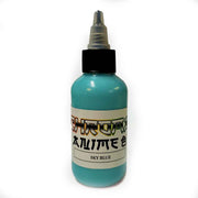 Bottle of sky blue ink with a black cap on a white background