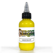 Yellow tattoo ink bottle with 'Chrome' branding on a white background