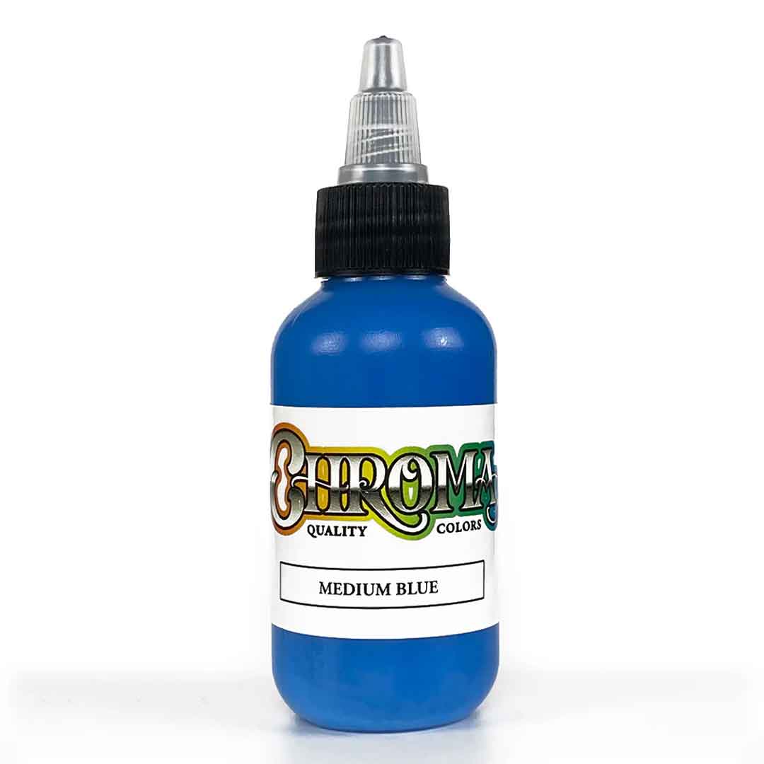 Blue tattoo ink bottle with 'Chroma' branding on a white background