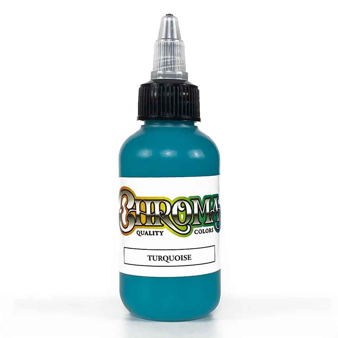 Bottle of turquoise tattoo ink with 'Chroma' branding on a white background