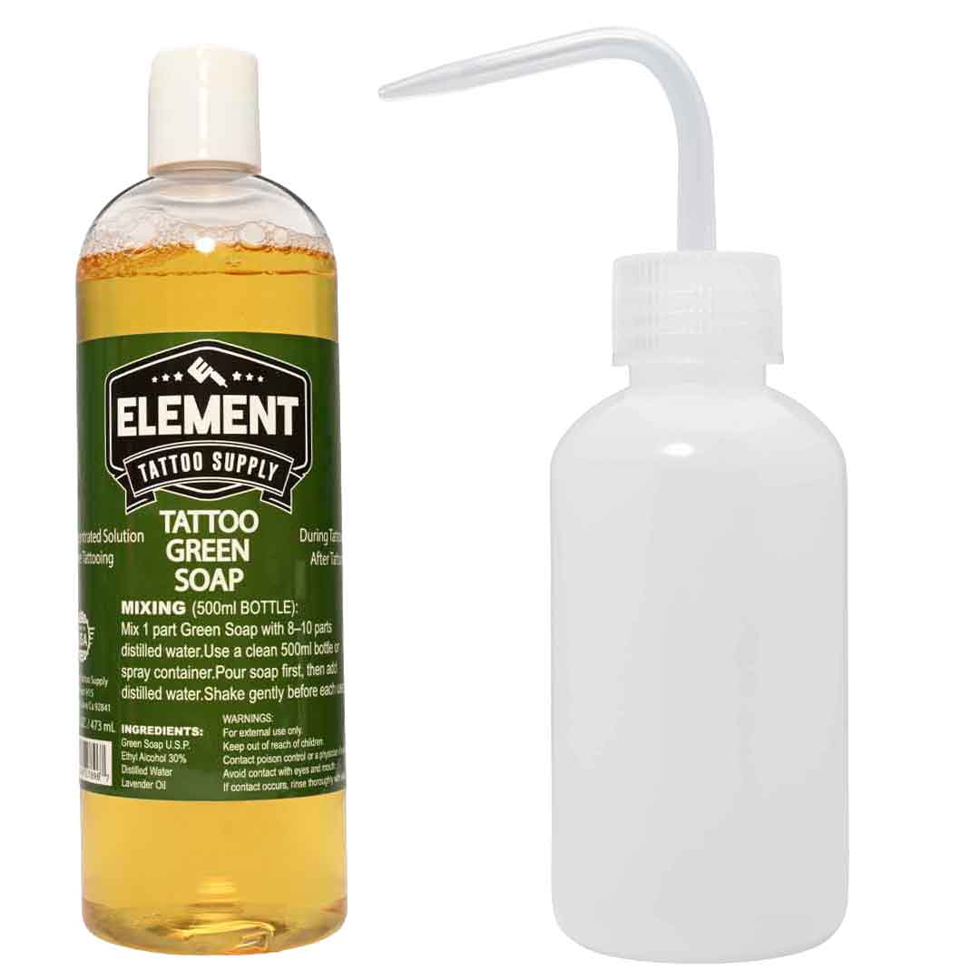 16 ounce bottle of green soap for Tattoos and a clear squeeze bottle