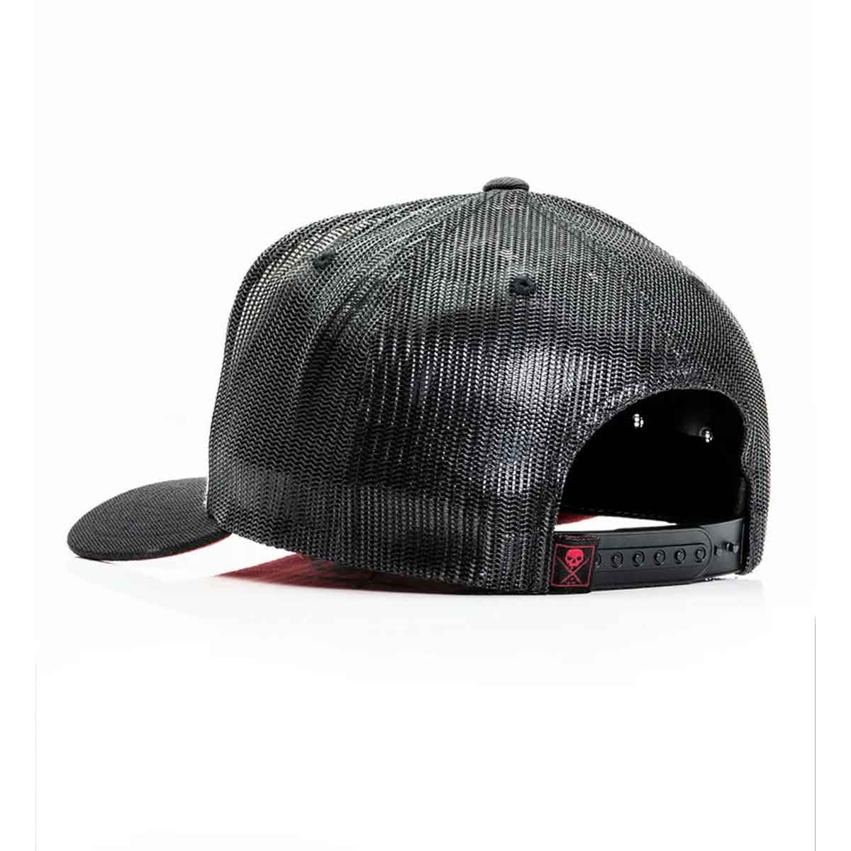 Black mesh cap with a red logo on a white background