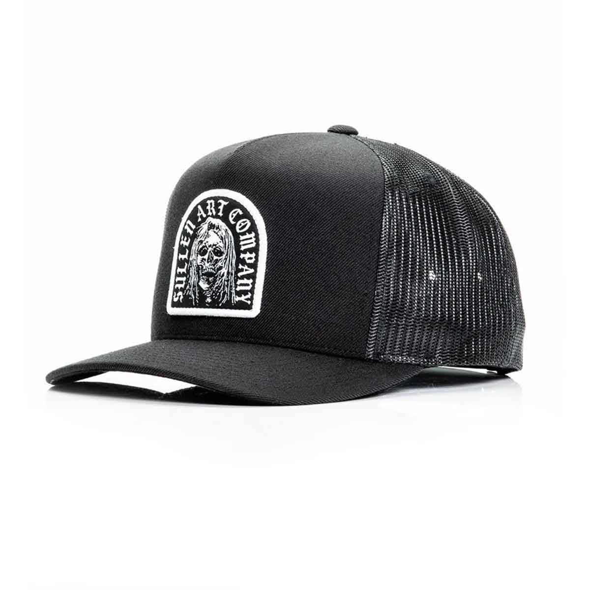 Black trucker cap with a white logo on a white background