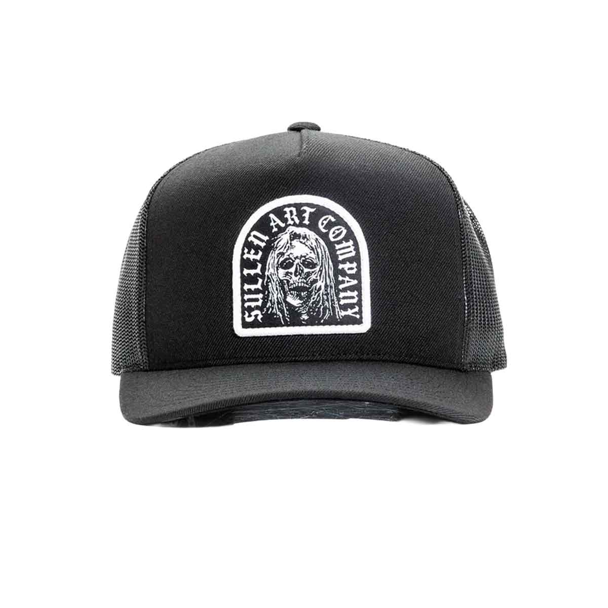 Black trucker cap with a white logo on a white background