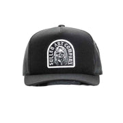 Black trucker cap with a white logo on a white background