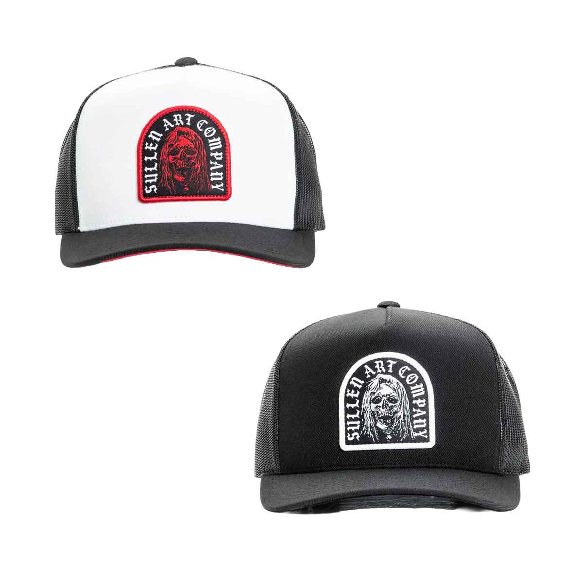 Two trucker hats with 'Sullen Art Company' logos on a white background