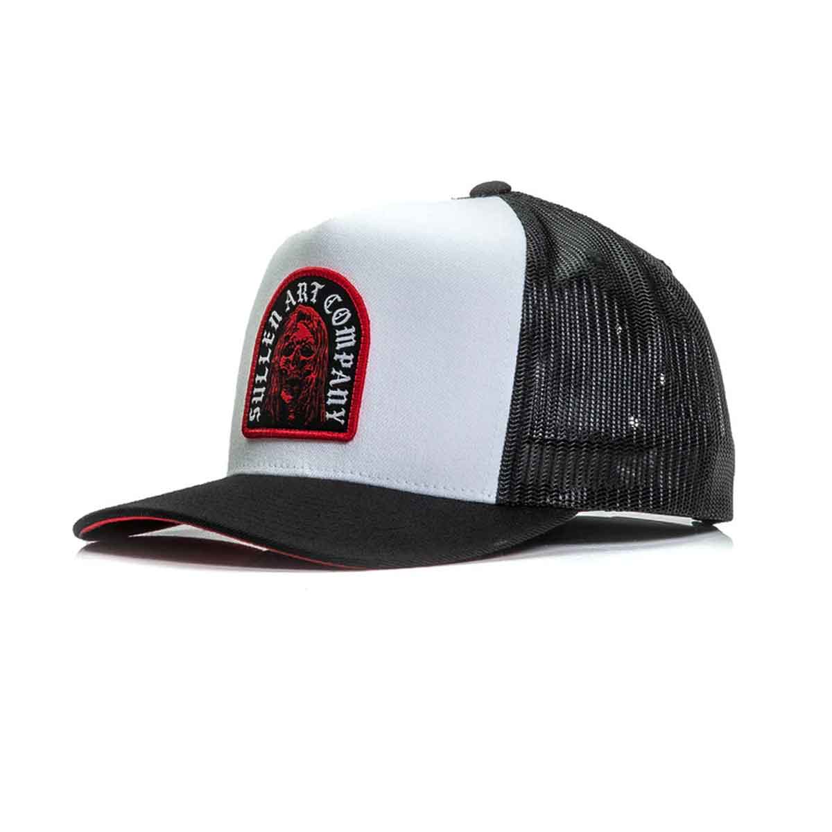 Black and white trucker cap with a red and black logo on a white background