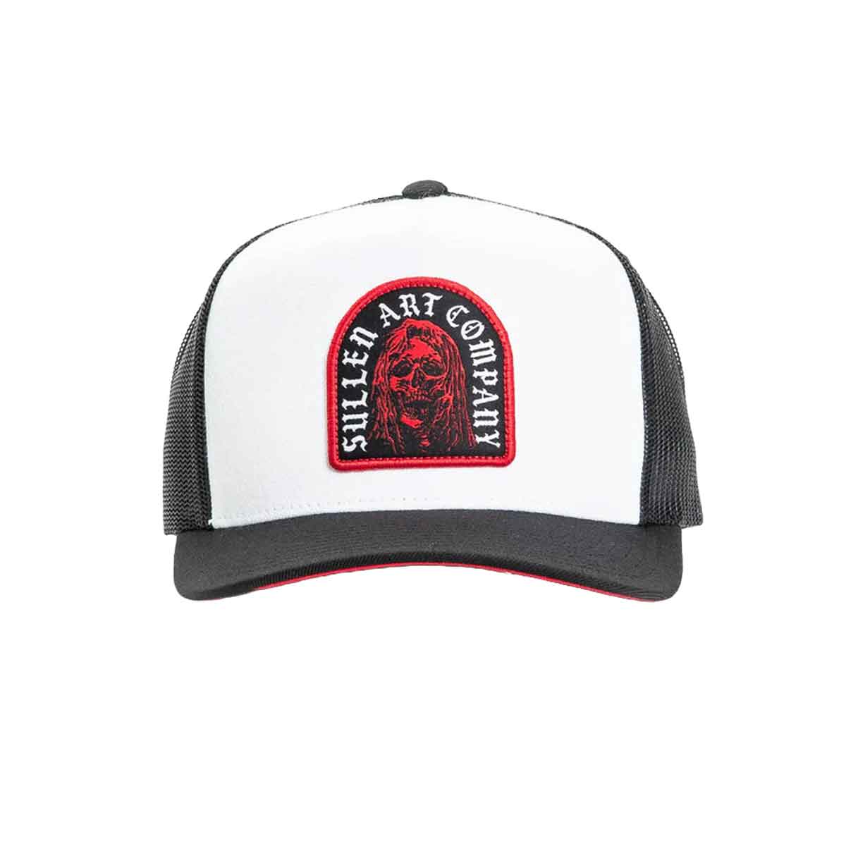 White and black trucker cap with a red and black patch featuring a face design on a white background.