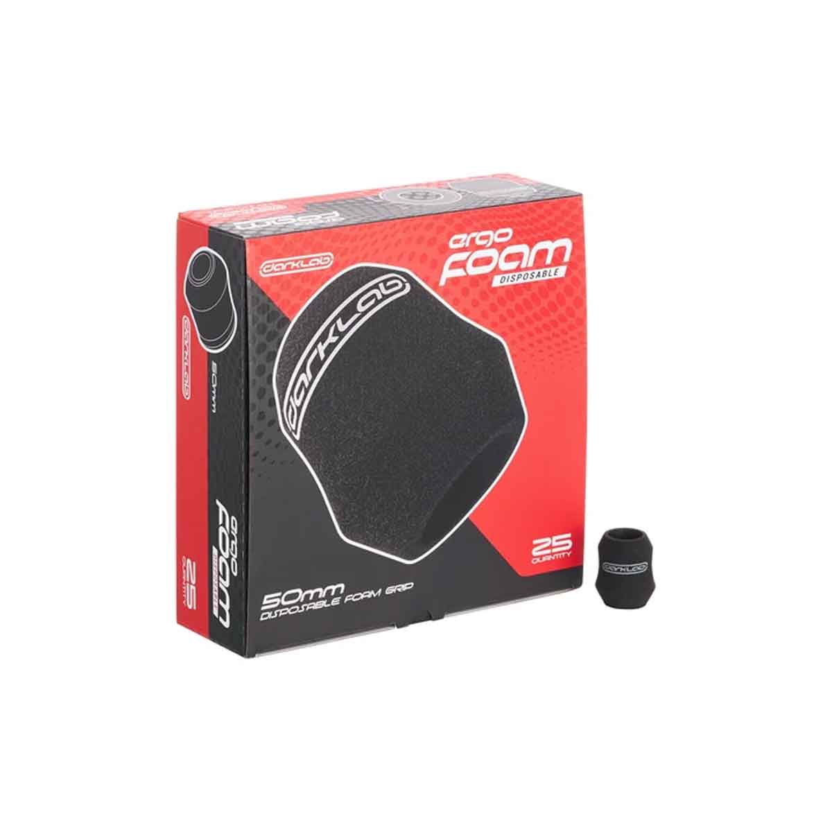 A 50mm durable foam air filter by SparkFun's Arc Foam series, shown in its red and black retail packaging alongside the black filter itself on a white background.