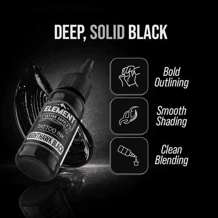 element tattoo supply nighthawk black tattoo ink, deep solid black tattoo ink bottle, professional black tattoo ink for bold outlining smooth shading and clean blending, tattoo artist black ink product image