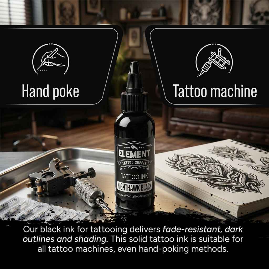 element tattoo supply nighthawk black tattoo ink, black tattoo ink for hand poke and tattoo machine use, professional black tattoo ink for outlining and shading, tattoo ink bottle in studio setup with tattoo machine and drawing