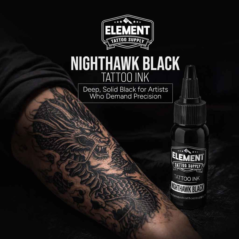 element tattoo supply nighthawk black tattoo ink lifestyle image, black tattoo ink used for dragon tattoo, professional black tattoo ink for lining and shading, deep black tattoo pigment for bold lines and realism tattoos