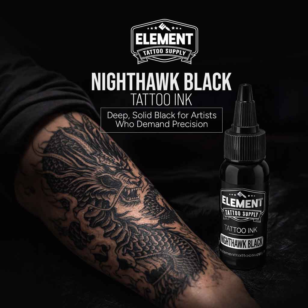 element tattoo supply nighthawk black tattoo ink lifestyle image, black tattoo ink used for dragon tattoo, professional black tattoo ink for lining and shading, deep black tattoo pigment for bold lines and realism tattoos