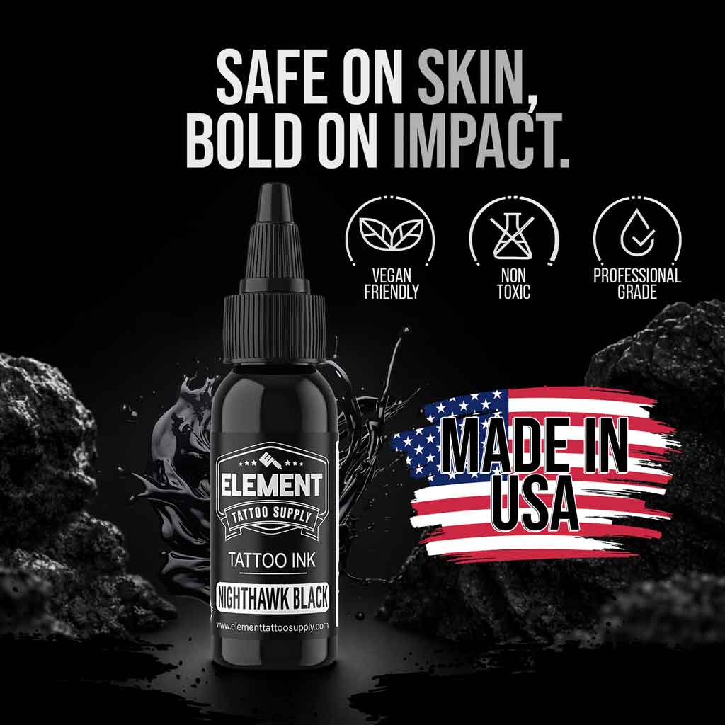 element tattoo supply nighthawk black tattoo ink bottle, professional black tattoo ink made in usa, vegan friendly non toxic tattoo ink, black tattoo ink for outlining shading and solid fill, tattoo artist professional grade ink