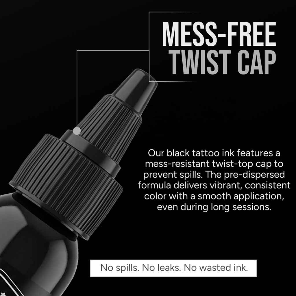 element tattoo supply nighthawk black tattoo ink twist cap detail, professional black tattoo ink bottle close up, mess free tattoo ink cap design, black tattoo ink for smooth application outlining and shading