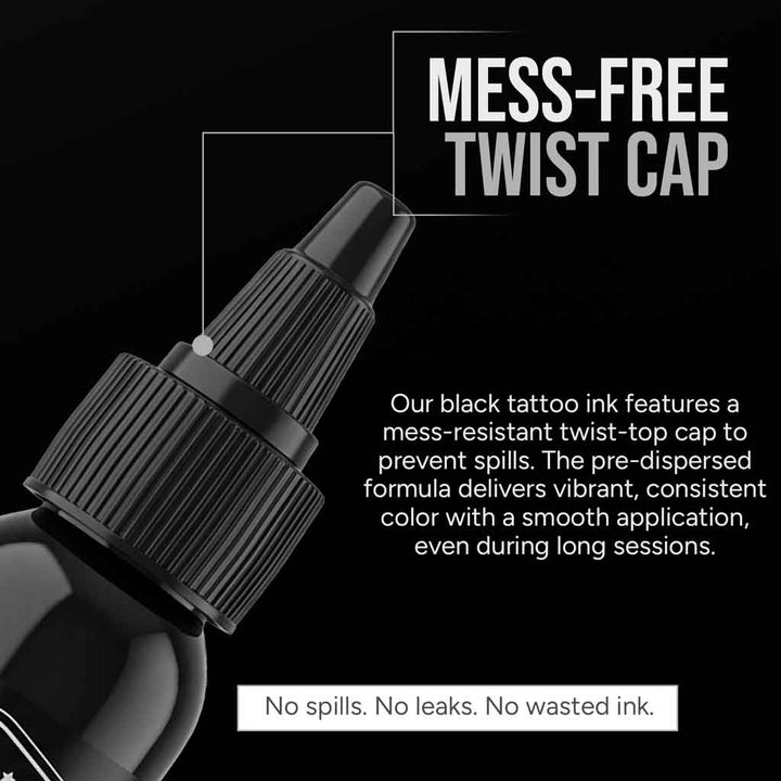 element tattoo supply nighthawk black tattoo ink twist cap detail, professional black tattoo ink bottle close up, mess free tattoo ink cap design, black tattoo ink for smooth application outlining and shading
