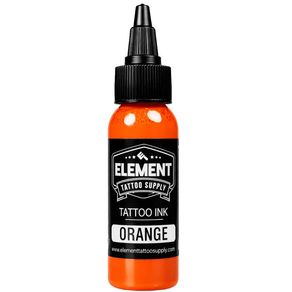 element tattoo supply orange tattoo ink, orange tattoo ink 1 oz bottle, professional tattoo ink, bright orange tattoo pigment, tattoo ink bottle product photo, tattoo supply orange ink color