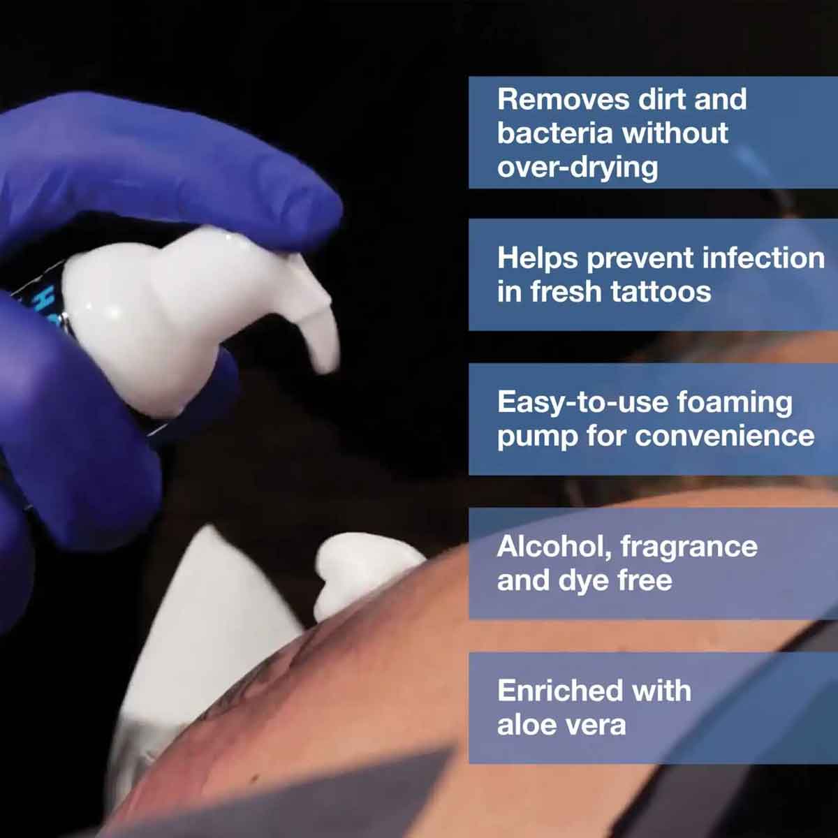 Person applying a product to a tattoo with text highlighting its benefits.