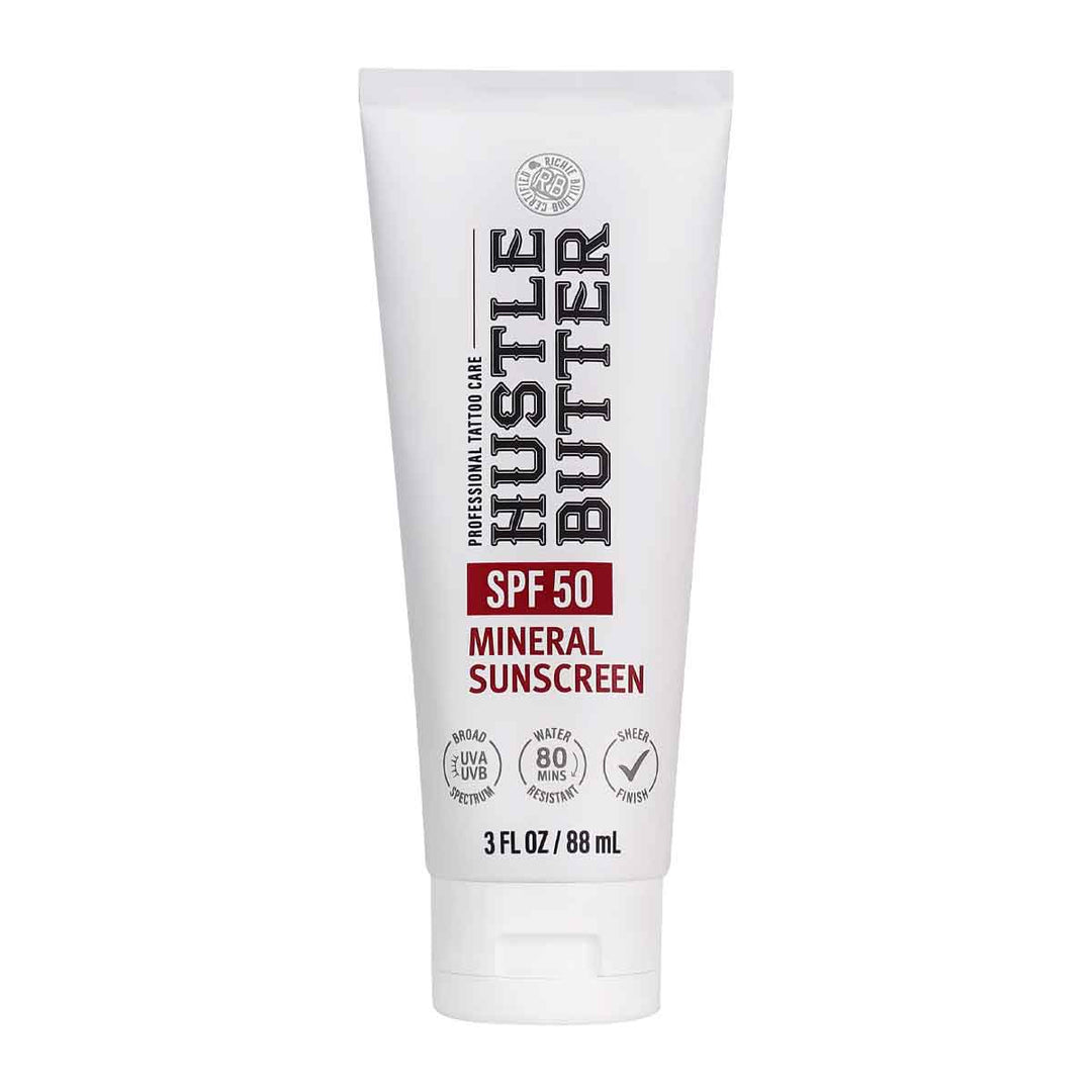 Tube of Hustle Butter mineral sunscreen with SPF 50 on a white background