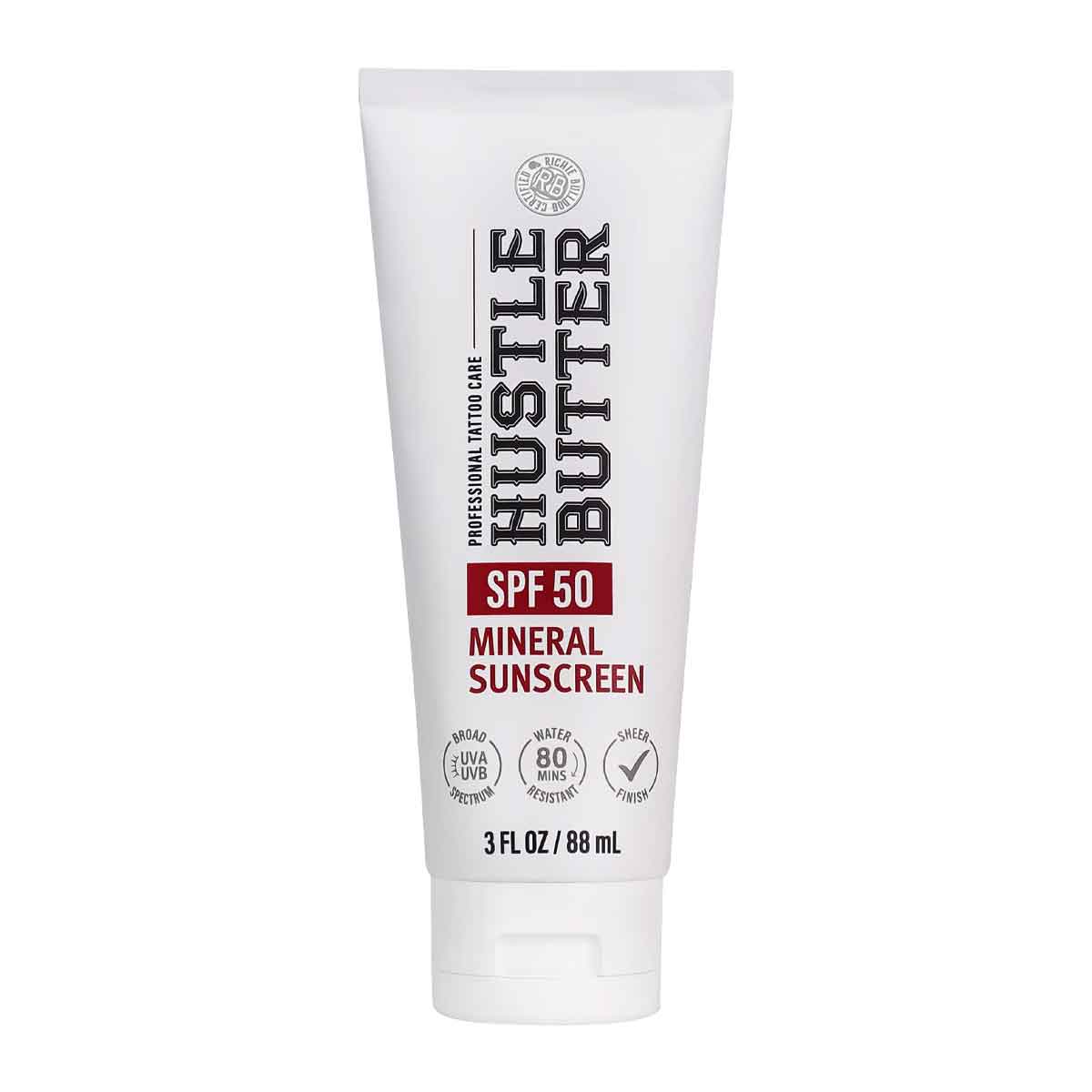 Tube of Hustle Butter mineral sunscreen with SPF 50 on a white background