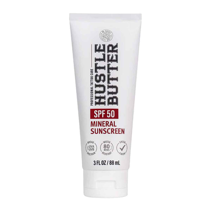 Tube of Hustle Butter mineral sunscreen with SPF 50 on a white background