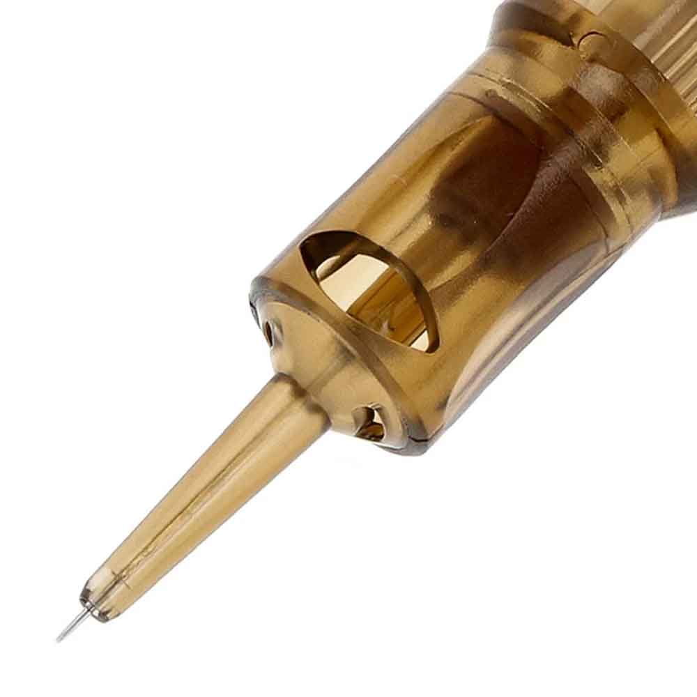 Close-up of a tattoo needle cartridge on a white background