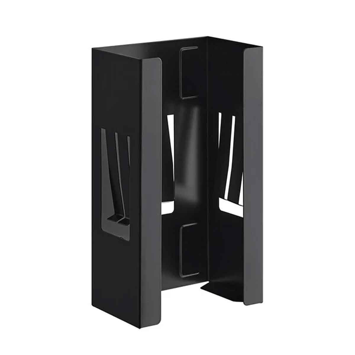 Black metal bottle holder with cup holders on a white background