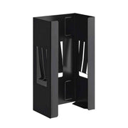Black metal bottle holder with cup holders on a white background