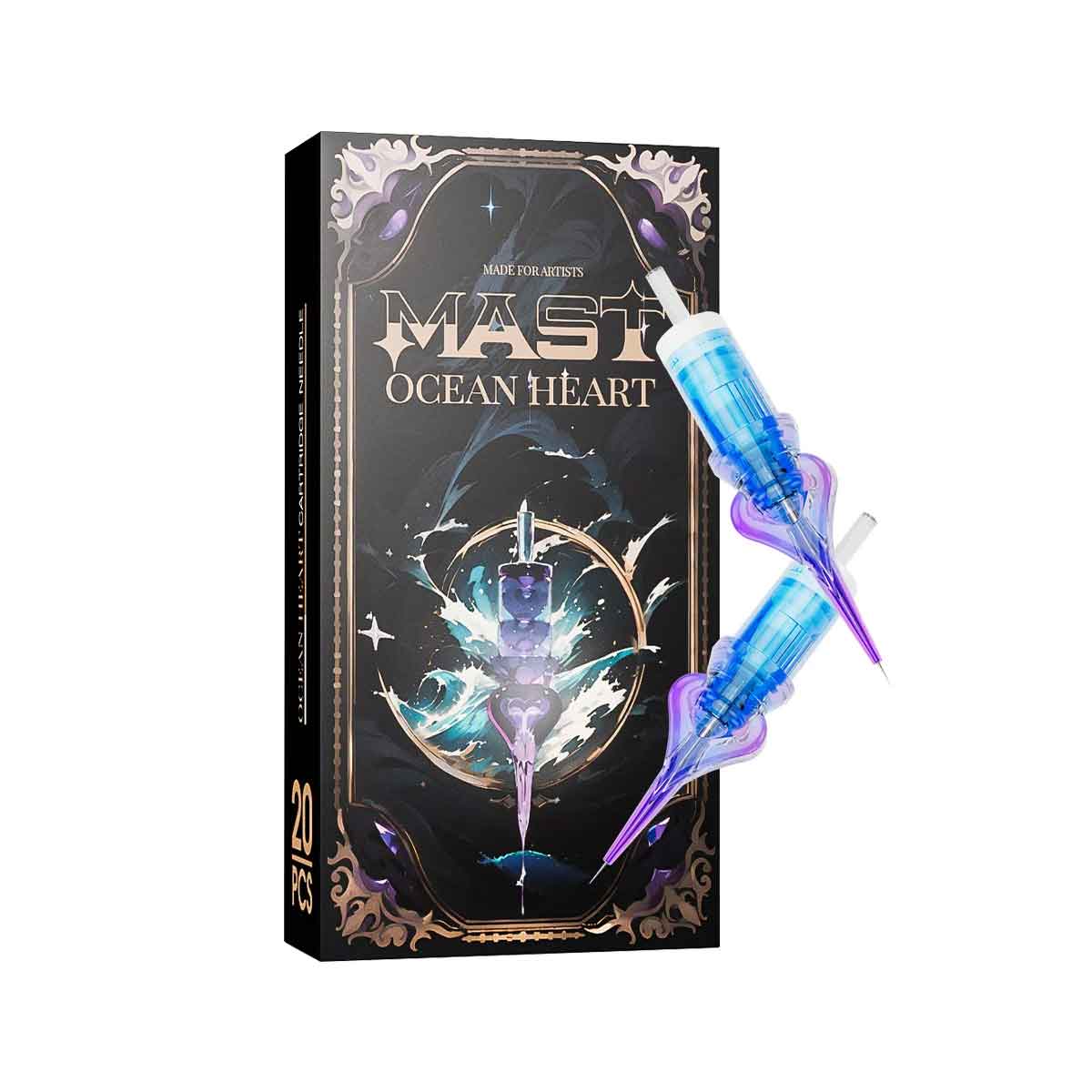 A boxed product labeled 'MAST OCEAN HEART' with two translucent blue and purple needle-like applicators shown in front of the box on a plain white background.