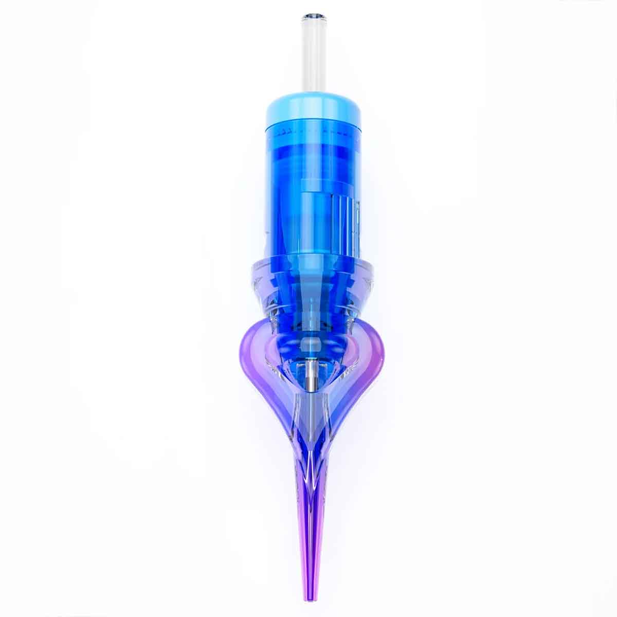 A translucent blue and purple needle cartridge pen shown vertically against a plain white background.