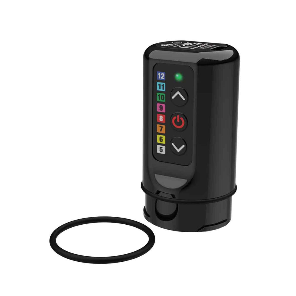 Black electronic device with colorful buttons and a black ring on a white background