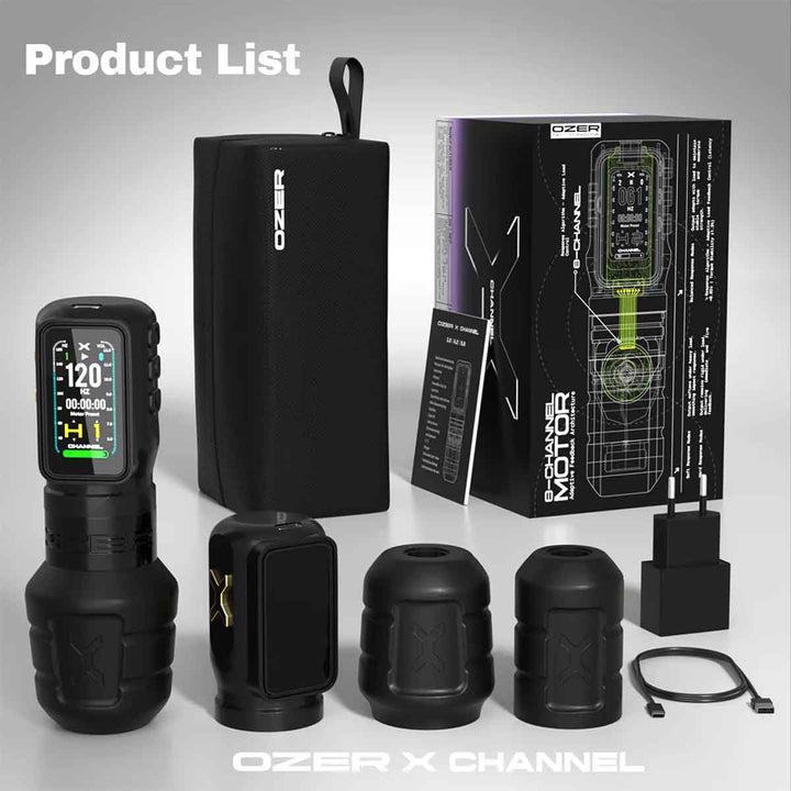 Ozer product set including a remote control, battery pack, and packaging on a gray background.