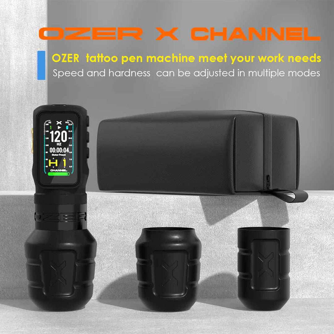 Ozer tattoo pen machine with accessories on a gray background