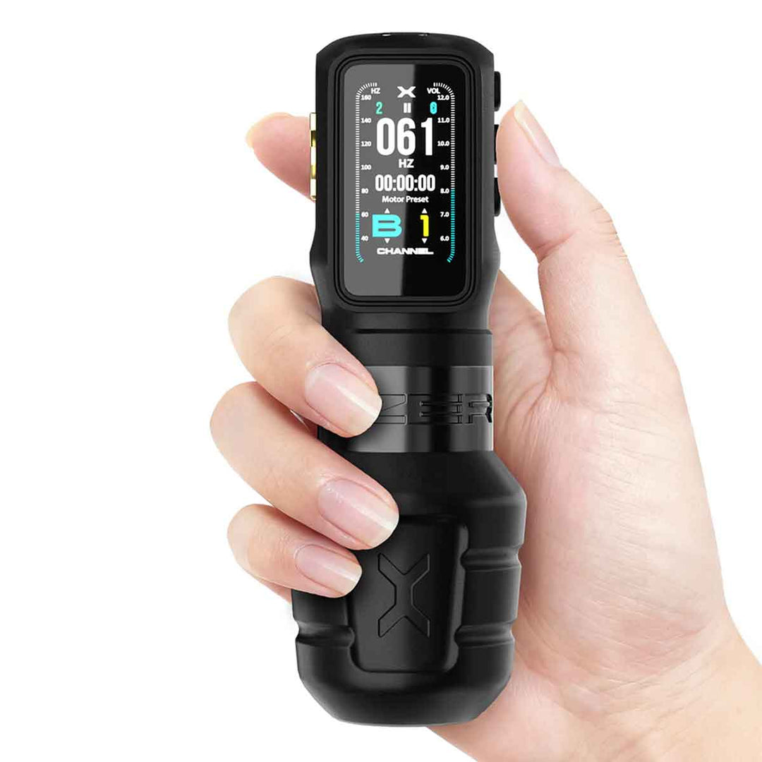 Hand holding a black electronic device with a digital display on a white background