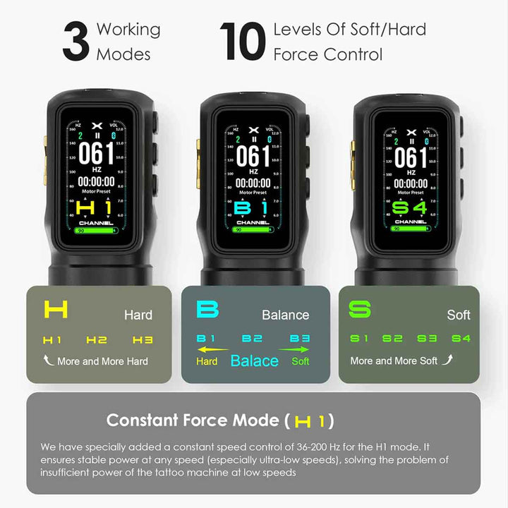 Three tattoo machine controllers with digital displays and force control options on a white background.