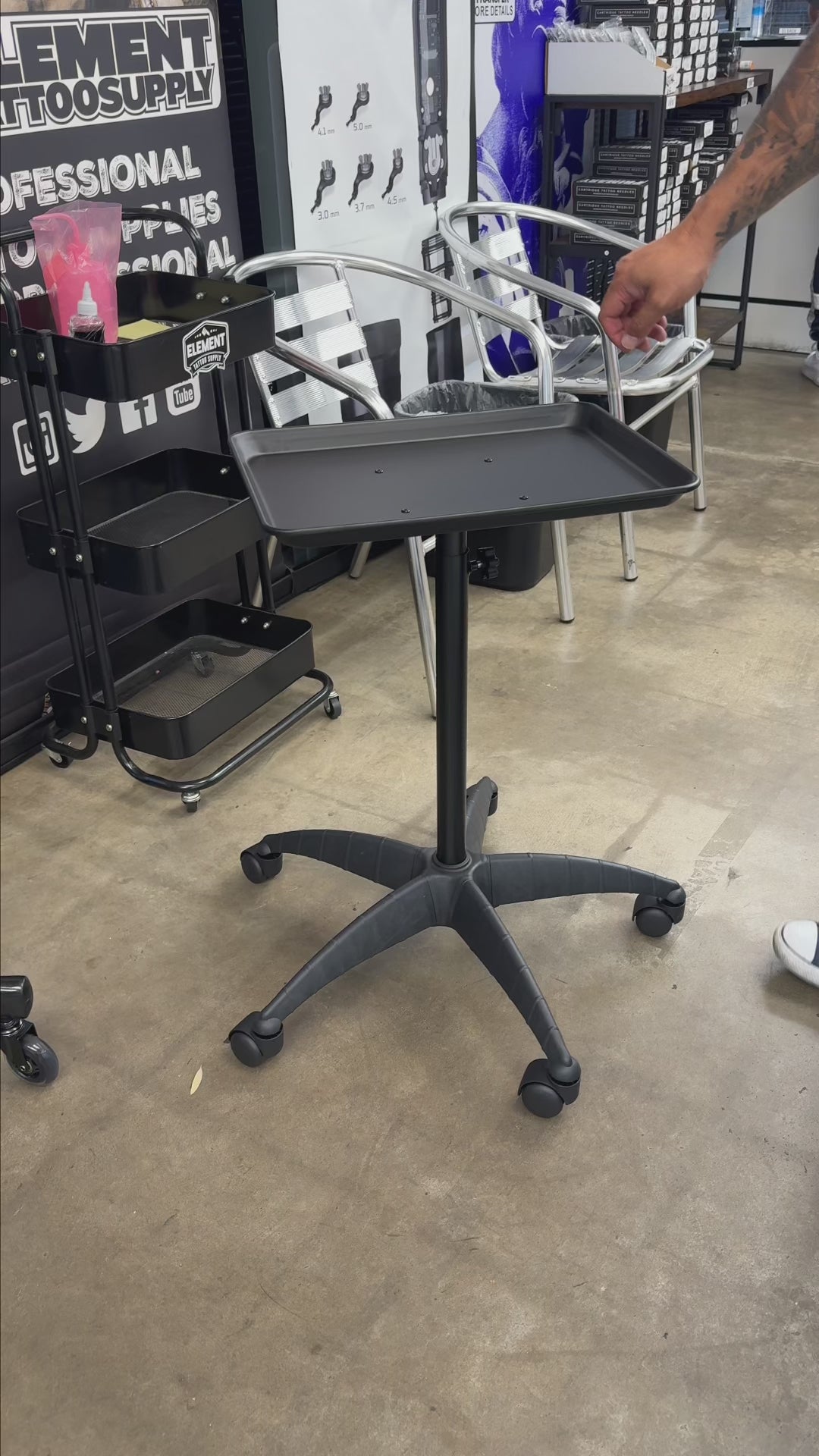 Load video: Element Tattoo Stand and Mayo Work Tray – Adjustable Tattoo Workstation