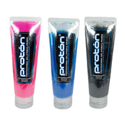 Three tubes of Proton gel stencil primer in pink, blue, and gray on a white background.