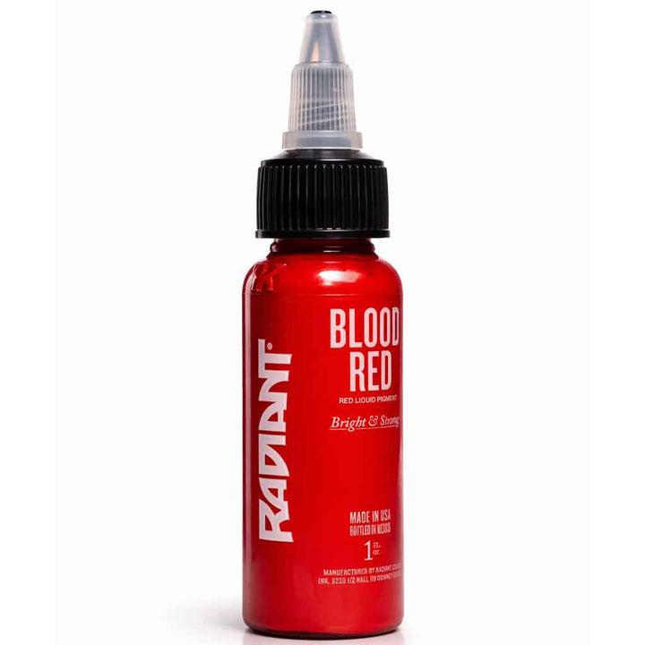 Radiant Colors blood red tattoo ink 1oz bottle, bright red tattoo ink, professional tattoo pigment, smooth application, vibrant red ink for color packing and lining, made in USA