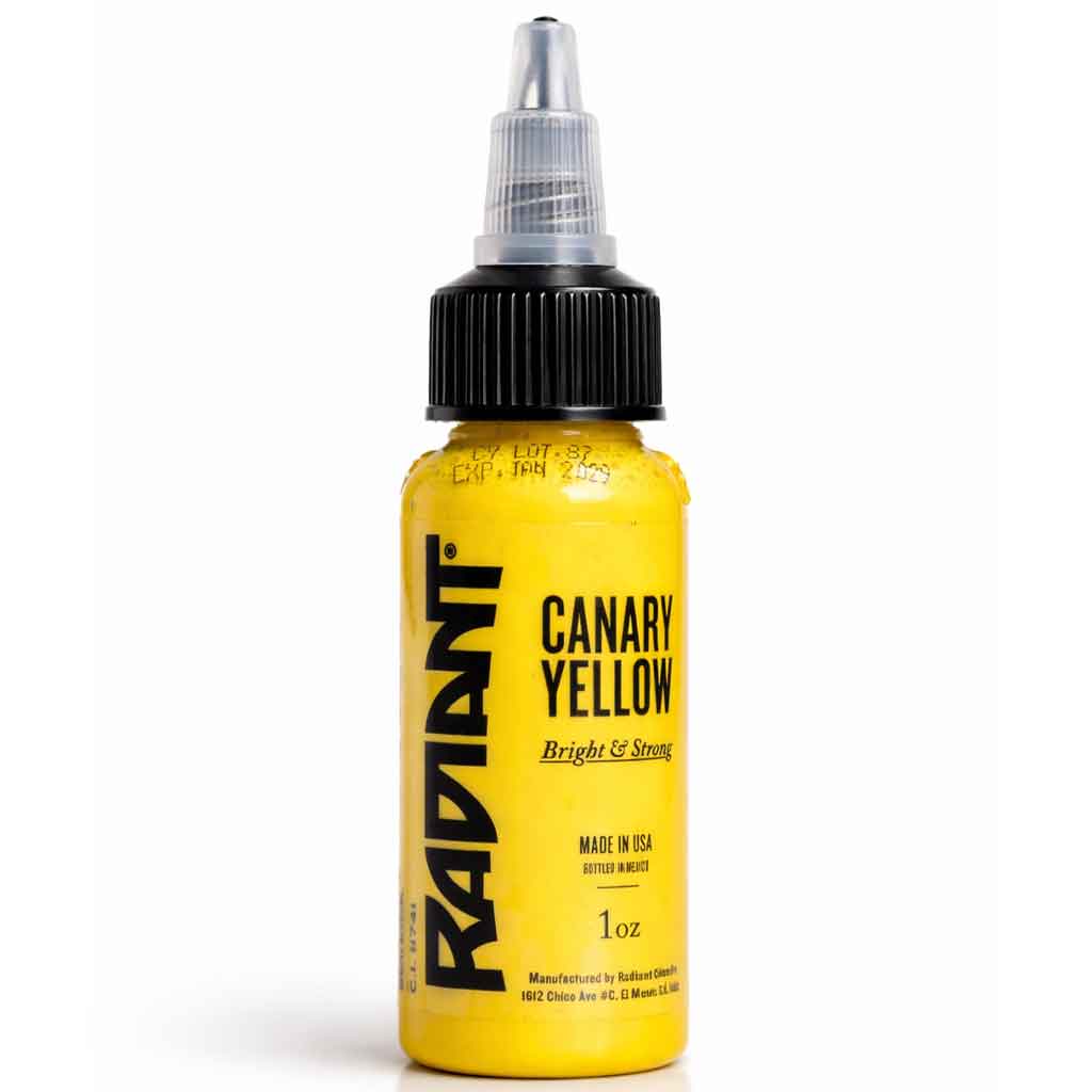 Radiant Colors canary yellow tattoo ink 1oz bottle, bright yellow tattoo ink, professional tattoo pigment, smooth application, vibrant yellow ink for color packing and highlights, made in USA