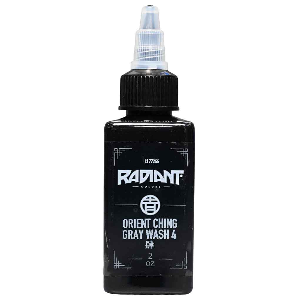 radiant colors orient ching gray wash 4 tattoo ink bottle, professional gray wash tattoo ink, black and gray shading tattoo ink, 2oz tattoo ink bottle, orient ching gray wash shading ink for smooth gradients and realism tattoos