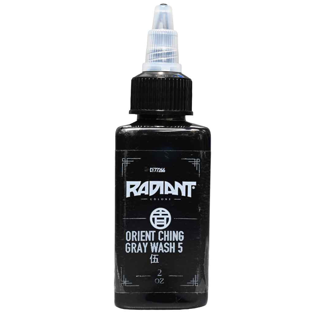 radiant colors orient ching gray wash 5 tattoo ink bottle, professional gray wash tattoo ink, black and gray shading tattoo ink, 2oz tattoo ink bottle, orient ching gray wash shading ink for smooth gradients and realism tattoos