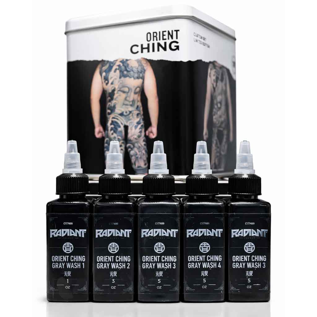 radiant colors orient ching gray wash tattoo ink set, gray wash 1 2 3 4 5 tattoo inks, professional black and gray tattoo ink set, 2oz tattoo ink bottles, orient ching limited edition gray wash set, shading tattoo ink set for black and gray tattoos