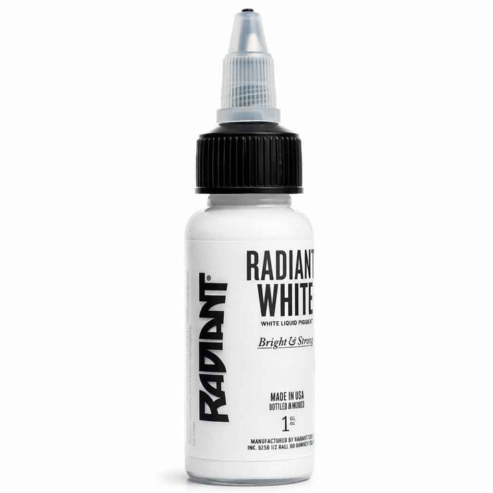 Radiant Colors radiant white tattoo ink 1oz bottle, bright white tattoo ink, professional tattoo pigment, smooth application, white ink for highlights and color mixing, made in USA