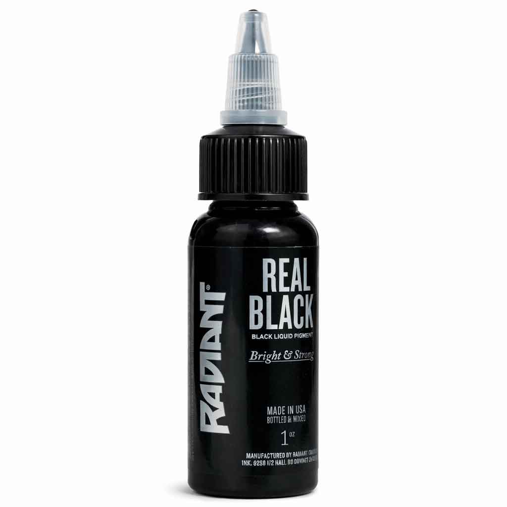 Radiant Colors real black tattoo ink 1oz bottle, professional black tattoo ink, deep black pigment, smooth application, tattoo ink for lining and solid black fill, made in USA