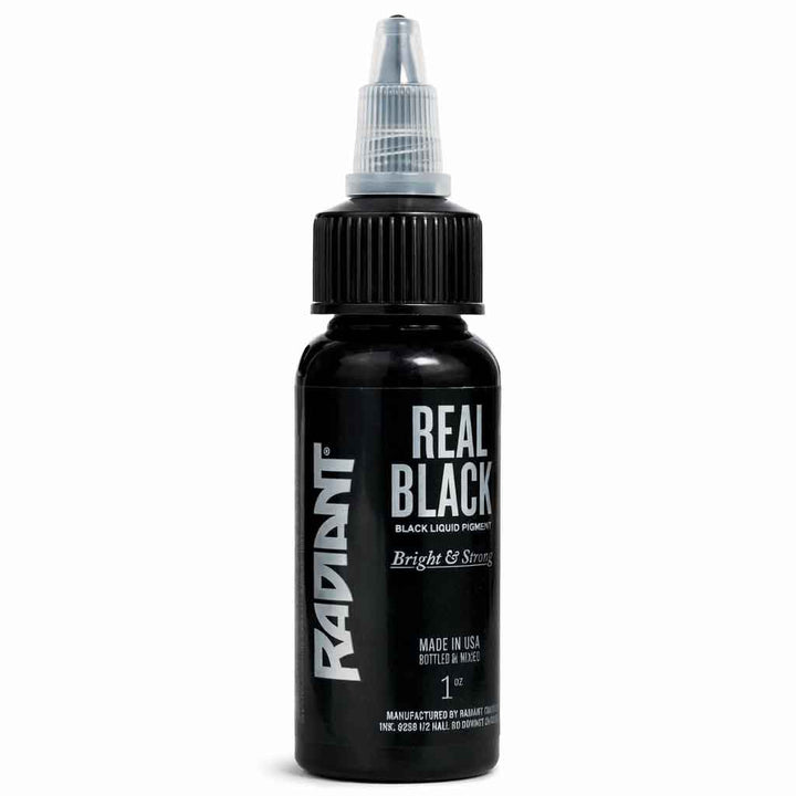 Radiant Colors real black tattoo ink 1oz bottle, professional black tattoo ink, deep black pigment, smooth application, tattoo ink for lining and solid black fill, made in USA