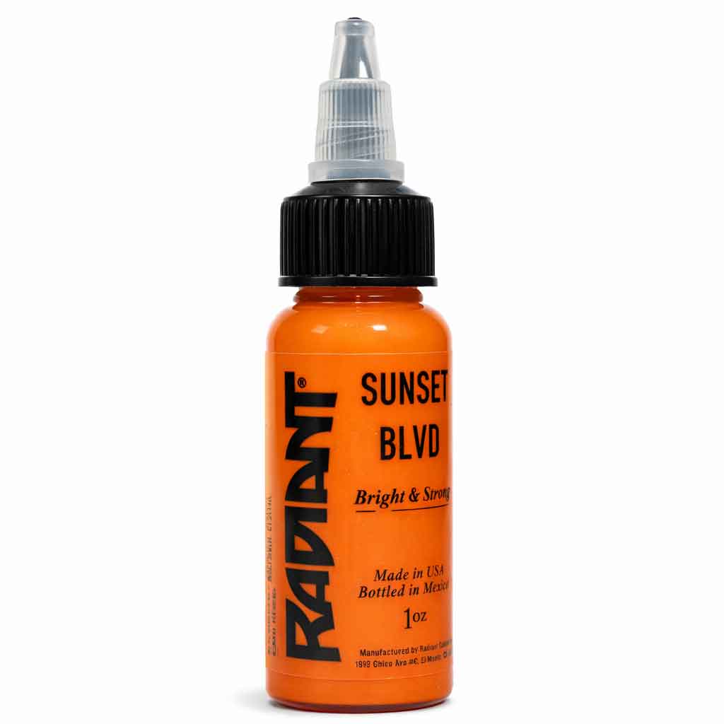 radiant colors sunset blvd orange tattoo ink bottle, professional orange tattoo ink, bright orange tattoo pigment, 1oz tattoo ink bottle, color packing tattoo ink, vibrant orange tattoo color, made in usa tattoo ink
