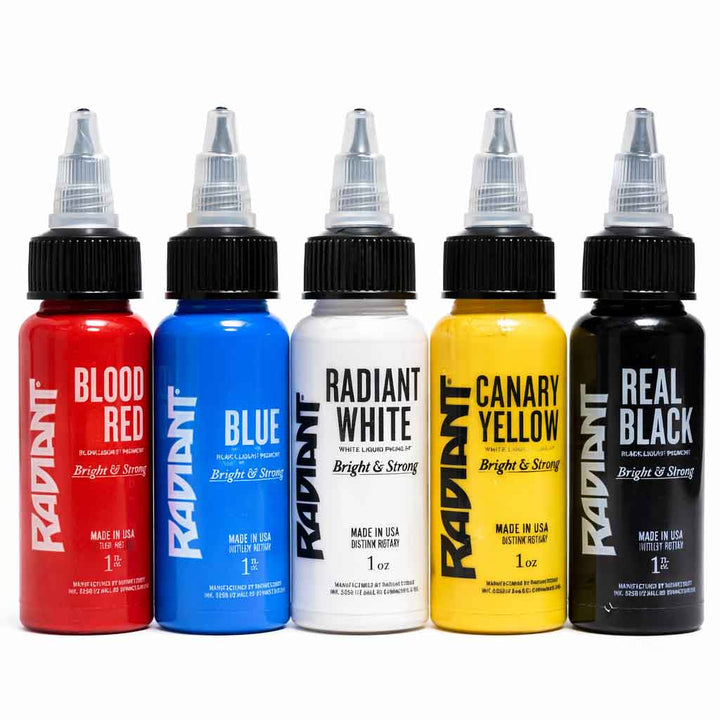 Radiant Colors tattoo ink set, blood red tattoo ink, blue tattoo ink, radiant white tattoo ink, canary yellow tattoo ink, real black tattoo ink, 1oz tattoo ink bottles, professional tattoo ink set, bright strong pigments, made in USA