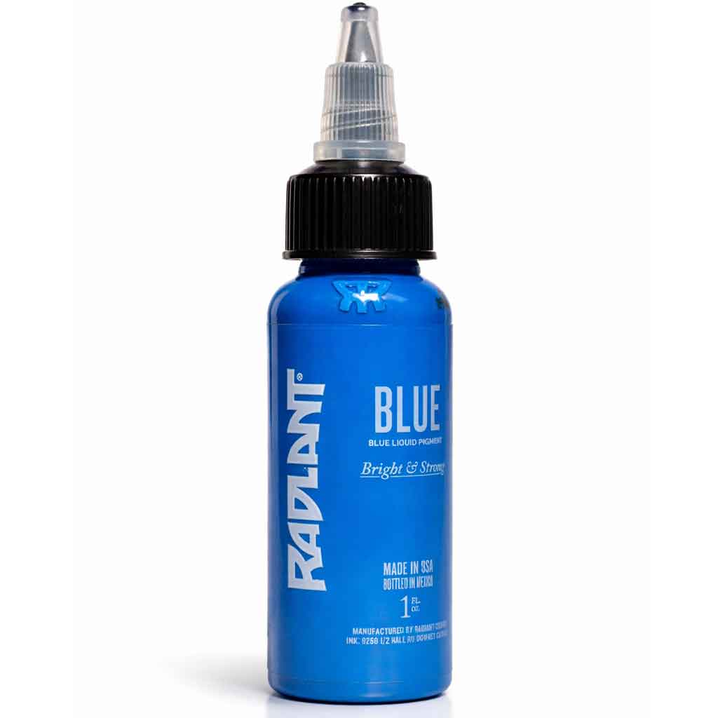 Radiant Colors vibrant blue tattoo ink 1oz bottle, bright blue tattoo ink, professional tattoo pigment, smooth application, vibrant blue ink for color packing and saturation, made in USA
