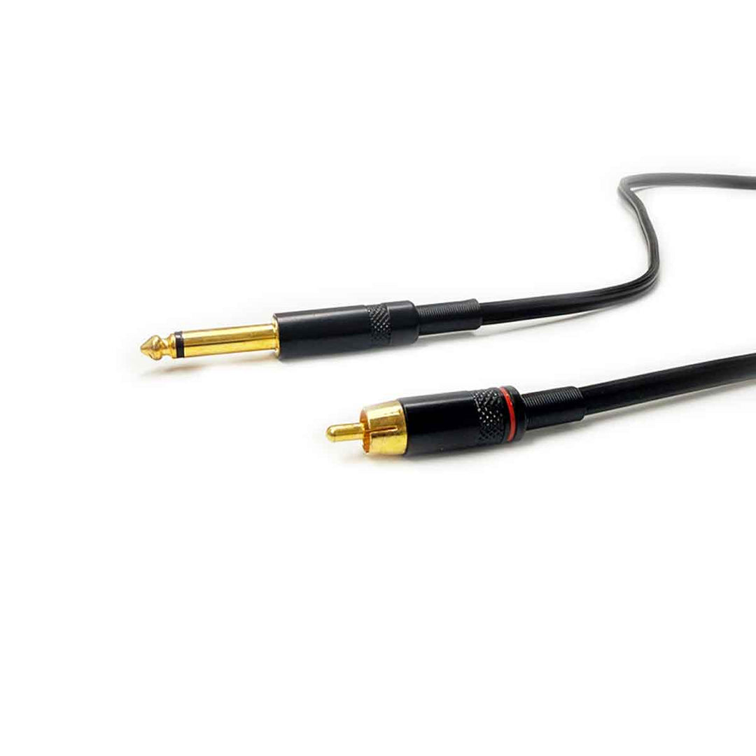 Black audio cable with gold connectors on a white background